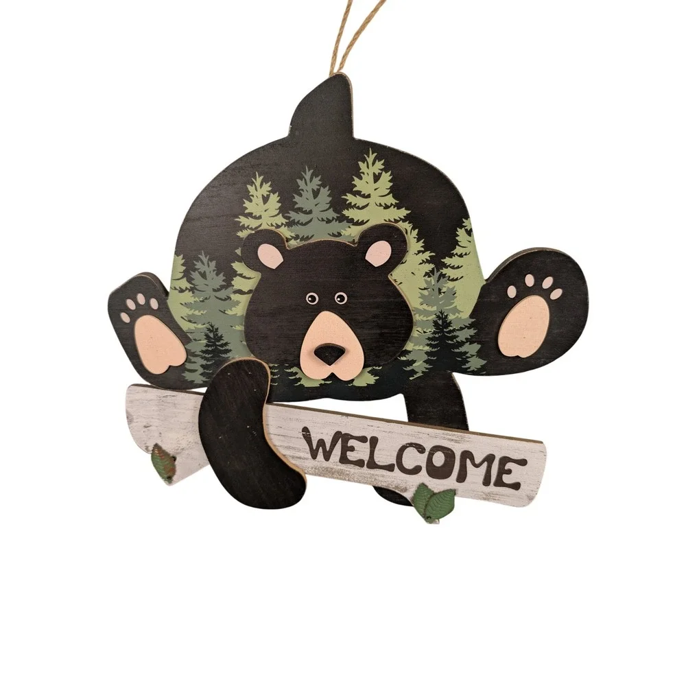Rustic Wooden Black Bear Welcome Sign Pine Tree Forest Cabin Lodge Wall Decor
